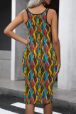Vintage Print Patchwork U Neck Wrapped Skirt Dresses