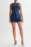Deep Blue Denim Casual Solid Patchwork Buttons Up O Neck Sleeveless Tops Shorts Two Piece Sets