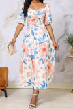 Floral Print Square Neck Ruched Cinch Waist Casual Long Milkmaid Dress