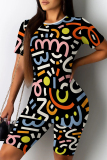 Casual Print Patchwork O Neck Short Sleeve Two Pieces Shorts Set