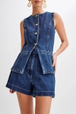 Deep Blue Denim Casual Solid Patchwork Buttons Up O Neck Sleeveless Tops Shorts Two Piece Sets