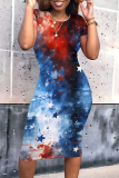 Street Print Patchwork O Neck Wrapped Skirt Dresses