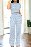 Casual Print Patchwork O Neck Short Sleeve Two Pieces