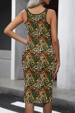 Vintage Print Patchwork U Neck Wrapped Skirt Dresses