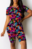 Casual Print Patchwork O Neck Short Sleeve Two Pieces Shorts Set