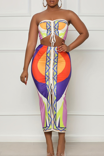 Sexy Casual Print Backless Slit Strapless Sleeveless Two Pieces