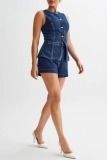 Deep Blue Denim Casual Solid Patchwork Buttons Up O Neck Sleeveless Tops Shorts Two Piece Sets