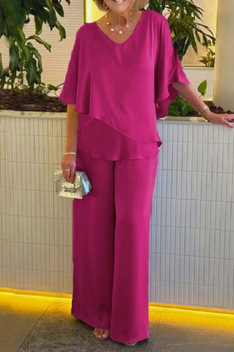 Casual Solid Patchwork V Neck Half Sleeve Two Pieces