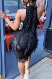 Sexy Solid Hollowed Out Patchwork O Neck Wrapped Skirt Dresses