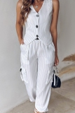 Casual Striped Buttons V Neck Sleeveless Two Pieces