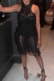 Sexy Solid Hollowed Out Patchwork O Neck Wrapped Skirt Dresses
