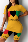 Casual Figure Letter Love Print Contrast O Neck Short Sleeve Two Pieces