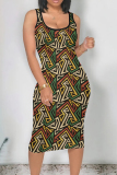 Vintage Print Patchwork U Neck Wrapped Skirt Dresses