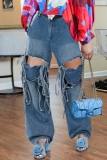 Casual Solid Hollowed Out Patchwork High Waist Regular Denim Jeans