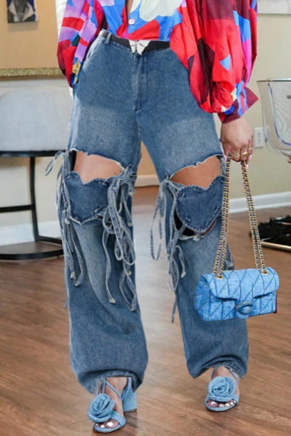 Casual Solid Hollowed Out Patchwork High Waist Regular Denim Jeans