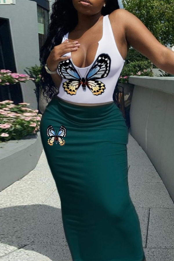 Casual Butterfly Print Basic U Neck Sleeveless Two Pieces