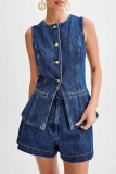Deep Blue Denim Casual Solid Patchwork Buttons Up O Neck Sleeveless Tops Shorts Two Piece Sets