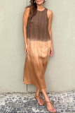 Casual Gradient Slit O Neck Long Dresses