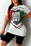 Casual Figure Letter Love Print Contrast O Neck Short Sleeve Two Pieces