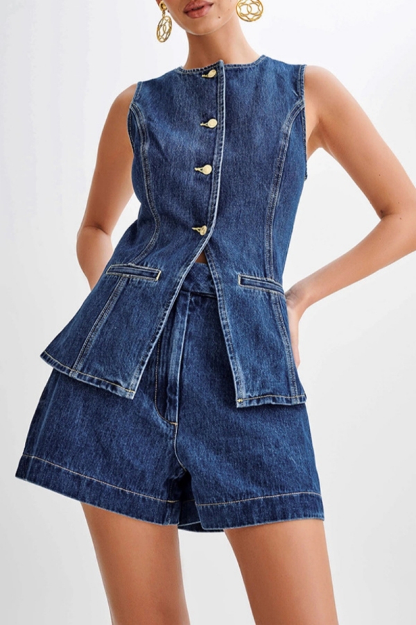 Deep Blue Denim Casual Solid Patchwork Buttons Up O Neck Sleeveless Tops Shorts Two Piece Sets