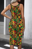 Vintage Print Patchwork U Neck Wrapped Skirt Dresses