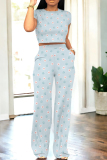 Casual Print Patchwork O Neck Short Sleeve Two Pieces