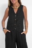 Casual Solid Buttons V Neck Sleeveless Two Pieces