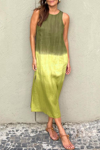 Casual Gradient Slit O Neck Long Dresses