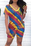 Casual Print Patchwork V Neck Short Sleeve Two Pieces