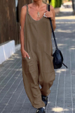 White Casual Simplicity Solid Pocket U Neck Loose Jumpsuits