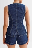 Deep Blue Denim Casual Solid Patchwork Buttons Up O Neck Sleeveless Tops Shorts Two Piece Sets