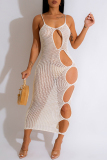 Crochet Sleeveless Backless Hollowed Out See-Through Vacation Bodycon Cami Maxi Dress