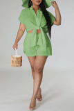 Casual Solid Slit Turndown Collar Short Sleeve Two Pieces