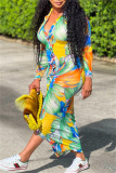Sexy Print Patchwork V Neck Long Sleeve Dresses