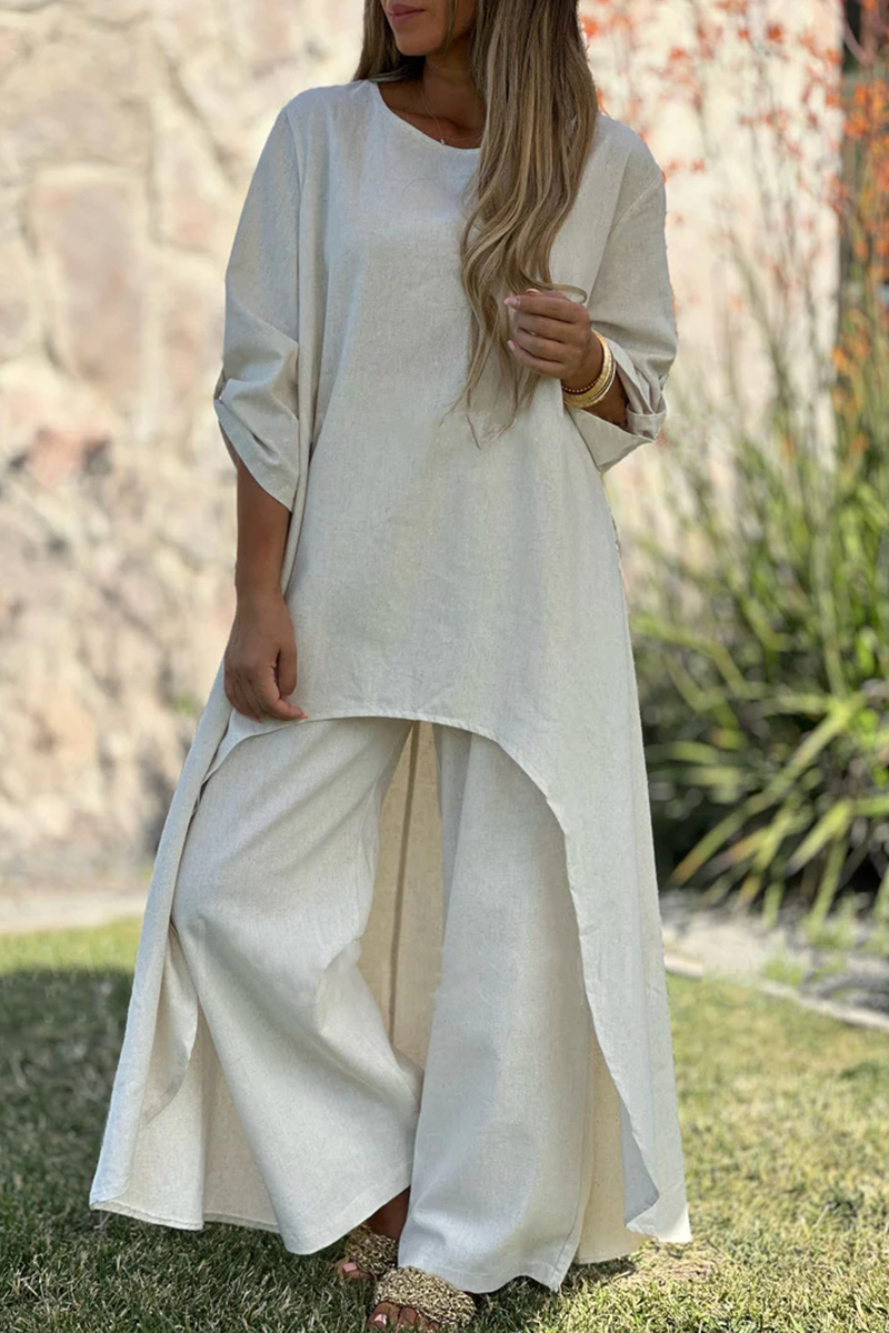 Solid Asymmetrical Side Button Detail Top And Pants Set