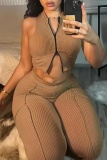 Casual Solid Patchwork Zipper Collar Sleeveless Two Pieces
