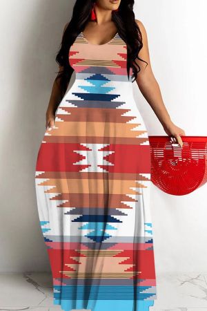 Geometric Print Sleeveless Backless Vacation Daily Cami Maxi Dress