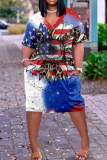 Casual Print Patchwork Basic V Neck Short Sleeve Short Sleeve Dress
