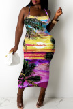 Tropical Print Sleeveless Backless Casual Vacation Bodycon Cami Maxi Dress