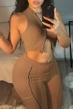 Casual Solid Patchwork Zipper Collar Sleeveless Two Pieces