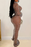Sexy Tassel Patchwork Backless Slit Hot Drill Zipper Turtleneck Long Dresses
