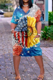 Casual Print Patchwork Basic V Neck Short Sleeve Short Sleeve Dress