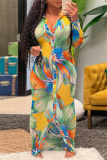 Sexy Print Patchwork V Neck Long Sleeve Dresses