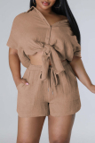Casual Solid Slit Turndown Collar Short Sleeve Two Pieces