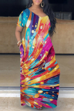 Casual Print Basic V Neck Long Plus Size Dresses