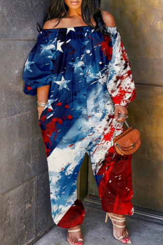 Casual Print Patchwork Off the Shoulder Regular Jumpsuits