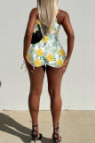 Leaf Print Sleeveless O Neck Crop Top and Shorts Daily Vacation Two Piece  Shorts Set