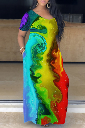 Casual Print Basic V Neck Long Plus Size Dresses