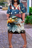Casual Print Patchwork Basic V Neck Short Sleeve Short Sleeve Dress
