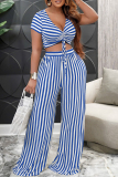 Striped Print Deep V Neck Short Sleeve Crop Top and Palazzo Pants Vacation Daily Two Piece Pant Set